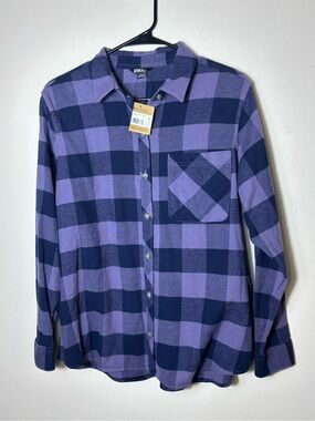 NWT Eddie Bauer Women’s L Purple Plaid Flannel Shirt Button-Down Long Sleeve